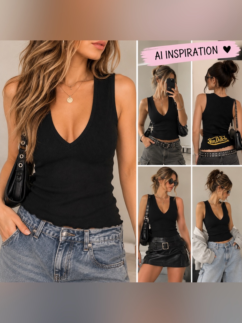 Vintage Von Dutch Black Ribbed Deep V Tank Top | Kustom Made | Size L